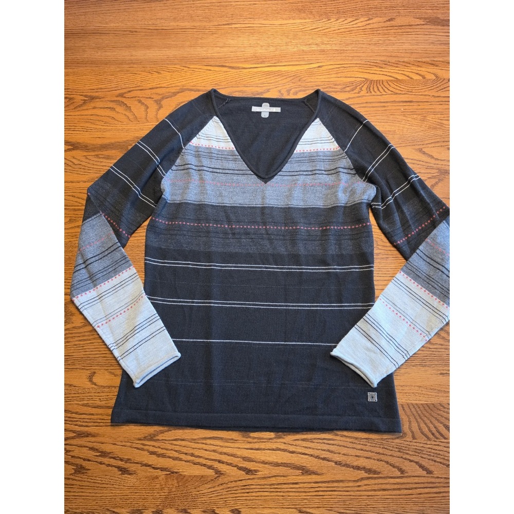Smartwool Sweater Womens Large Merino Wool Blend V-Neck Black & Gray Striped